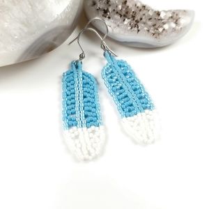 Beaded Feather Earrings Turquoise Luster Small